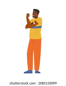African american man vaccinated showing shoulder with patch after vaccine shot flat vector illustration. Isolated on white.