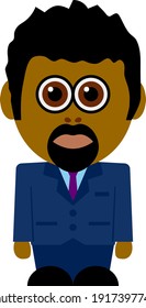 African American man vector illustration. Black hair, dark blue dress, black shoes, beards, light blue shirt and a purple tie. A businessman. Plain, flat avatar.