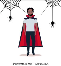 african american man wearing dracula costume spider web background happy halloween concept male cartoon character full length flat vector illustration