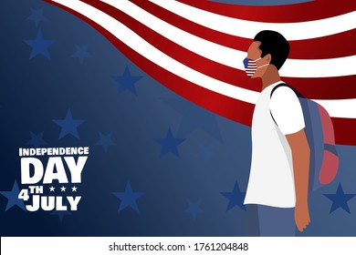 African american man wearing face mask. Happy 4th of July USA Independence Day Concept with waving american national flag. Flat vector illustration