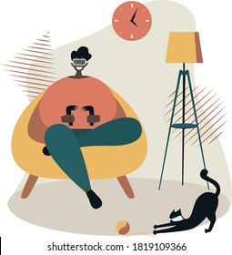 African American man wearing virtual reality glasses, enjoying gadget with 3D technology, virtual reality world. Future technologies. Vector illustration.