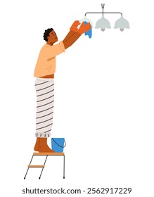 African American man wipes the dust from the lamp flat vector illustration isolated on white.