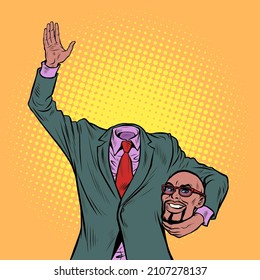 An African American man without a head. Strange politician businessman with glasses, smile happiness. Pop Art Retro Vector Illustration Vintage kitsch 50s 60s Style