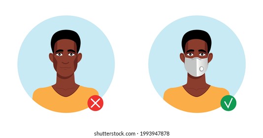 African american man with and without respirator type FFP2, N95. Valve mask required. Vector illustration.