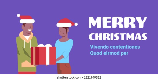 african american man woman couple holding present gift box merry christmas happy new year holiday concept flat horizontal vector illustration