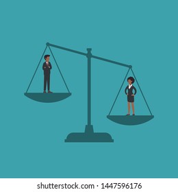 African American Man And Woman On Scales, Female Manager Have More Weight Than Male. Symbol Of Gender Inequality, Wage Gap, Unfair Law, Man's Rights At Work, Masculism. Flat Vector Concept.