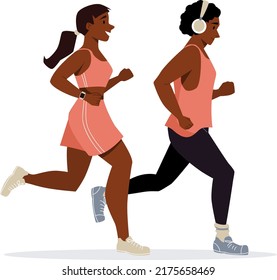 African american man and woman running wearing sportswear. Morning jogging run. The concept of family sport activity and healthy lifestyle. Vector illustration of couple workout. Marathon race