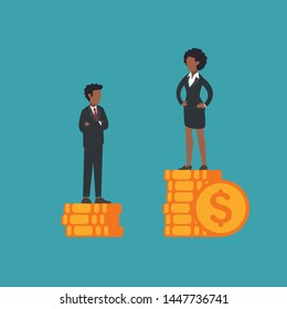 African american man and woman standing on piles of coins, businesswoman have more than businessman. Concept of gender inequality, wage gap, unfair law, man's rights at work, masculism. Flat vector.