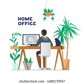 African american man working at computer from home. Home office with plants and cat. Flat vector illustration.