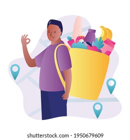 African american man working in food delivery service. Young courier with basket of assorted product. Concept of grocery delivery at home. Deliveryman happy with job. Trendy flat vector illustration