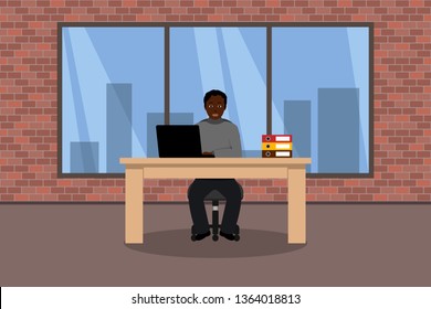 African American man working in his office. Vector illustration.