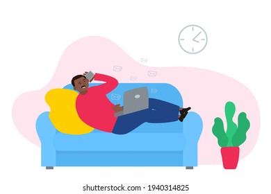 african american man working at home with laptop self isolation internet network covid 19 pandemic vector illustration