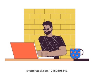 Hombre afroamericano que trabaja en la computadora portátil 2D lineal personaje de dibujos animados. Empleado masculino que escribe en la línea aislada del ordenador de la persona del Vector de fondo blanco. Ilustración de punto plano de color de lugar de trabajo