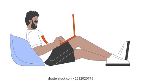 African american man working on laptop 2D cartoon character. Freelance benefits. Black male with pillow doing remote job isolated person flat vector on white background. Spot illustration colorful