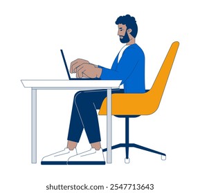 African american man working on laptop 2D cartoon character. Bearded black guy at office workplace with computer isolated person flat vector on white background. Spot illustration colorful