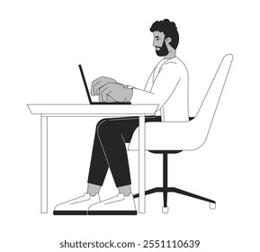 Homem afro-americano trabalhando no personagem da linha 2D preto e branco do laptop. Cara preto barbudo no escritório local de trabalho com computador isolado vetor pessoa contorno. Ilustração de ponto monocromático