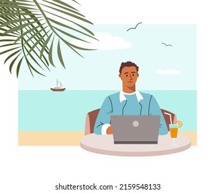 African american man working remotely from tropical beach. Freelancer guy using laptop chats and surfs internet. Worcation and freedom from office concept. Colored flat vector illustration