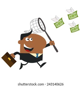 African American Manager Chasing Flying Money With A Net.Flat Style Vector Illustration Isolated On White