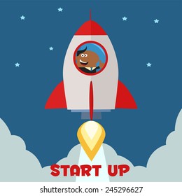 African American Manager Launching A Rocket To The Sky And Giving Thumb Up.Flat Style Vector Illustration With Text