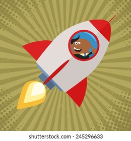 African American Manager Launching A Rocket And Giving Thumb Up Flat Style Vector Illustration