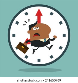 African American Manager Running Past A Clock Modern Flat Design Vector Illustration