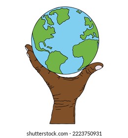 An African American man's hand is holding a globe. Black hand holding world globe. Earth day. Hand Drawn. Freehand drawing. Sketch.	