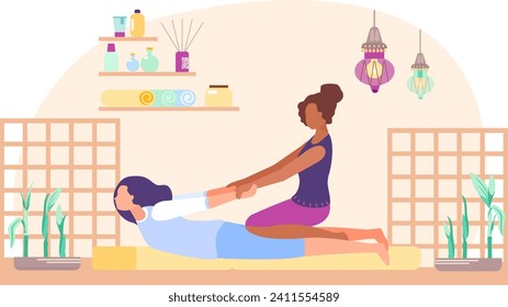 African American massage therapist stretching Caucasian client. Relaxing therapy session in peaceful spa setting. Wellness and body care vector illustration.