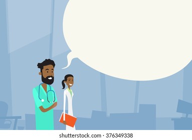 African American Medial Doctors Team Man Woman With Copy Space Chat Box Hospital Vector Illustration