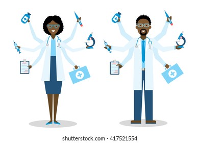 African American Medical Doctor on white multitasking concept.