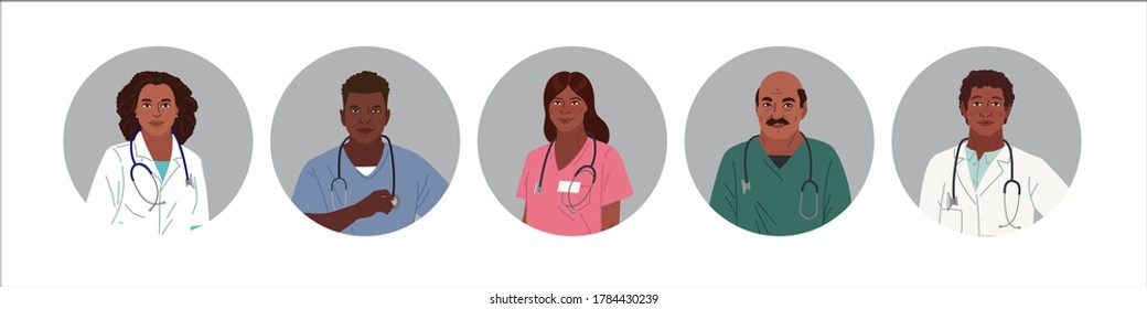 African American Medics. Medical Characters. Doctors and nurses round portraits, team of doctors concept, medical office or laboratory. Modern flat vector concept digital people vector illustration.