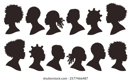 African American men set. Hairstyle man isolated. Profile silhouette men. Hand drawn Profile faces collection. Silhouette man icon. Vector flat illustration