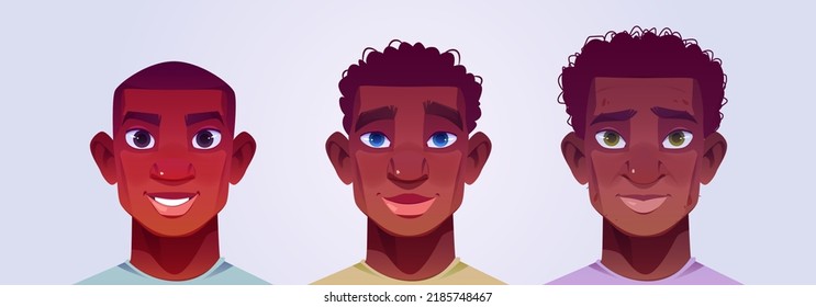 African american men with short hair and afro. Vector cartoon illustration of handsome guys portraits, young, adult and elderly male characters faces isolated on background