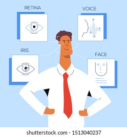 African american men stays smiling. Face recognition technology applying to the character - face geometry, retina, irisand voice recognition. Flat vector illustration