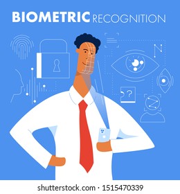 African american men using biometric recognition on his phone. Concept of face authentication technology using. Flat vector illustration