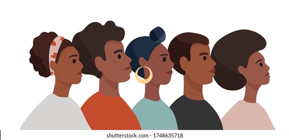 African American Men And Woman In Colorful  T-shirts Stand One By One. Tolerance And No Racism Concept. Protest Banner About Human Right Of Black People. Cartoon Vector Illustration.