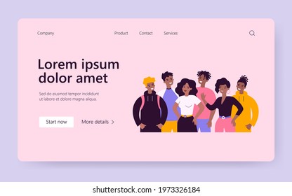 African American men and women people community. Happy black people crowd standing together and posing flat vector illustration. BLM concept for banner, website design or landing web page