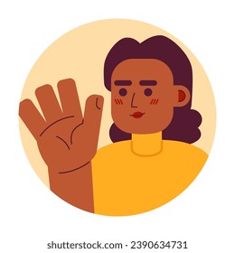 African american mid adult woman saying hi hello 2D vector avatar illustration. Goodbye happy black female cartoon character face. Nonverbal acknowledge flat color user profile image isolated on white