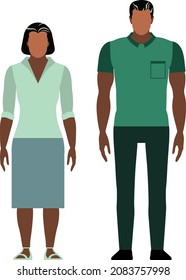 African American Middle-aged People In Full Length On A White Background. Black Couple Flat Vector Illustration.