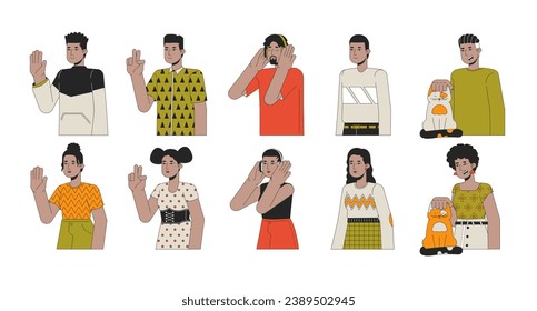 African american millennial 2D linear cartoon characters set. Black men, afro women isolated line vector people white background. Hello, peace hand, music enjoy color flat spot illustration bundle
