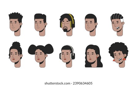 African american millennial 2D linear cartoon character faces set. Black gen z isolated line vector heads people white background. Young adult female, male color flat spot illustration collection