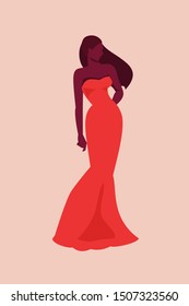 African American model woman in red dress. Vector illustration