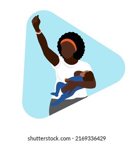 African American Mom Breastfeeding Baby With Her Raising Her First In The Air. Black Women Fighting For Their Rights. Eliminate Disparities In Health Care. Motherhood. Active Life Position Of Mothers.