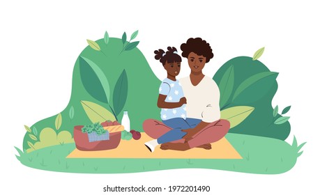 African American mom and daughter are having a picnic in the city park. Flat vector illustration