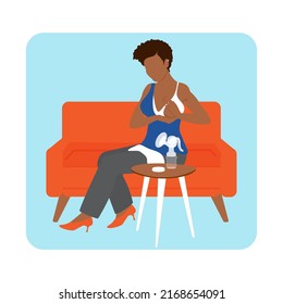 African American Mom Expression With A Breast Pump. Lactation, Breastfeeding Woman. Business Mother. Vector Illustration