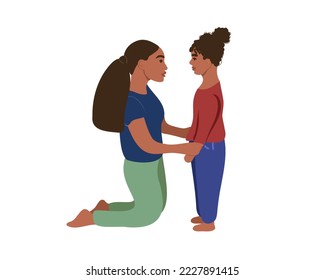 African American mom is on her knees, talking to her daughter, reassuring, showing love and care. Motherhood.
Vector illustration