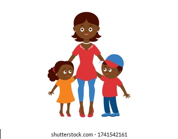 African american mom and two children vector. Happy mother with two children vector. Mom and kids icon isolated on a white background. Beautiful mom and cute children cartoon character