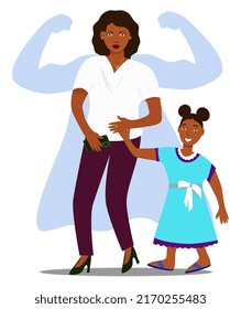 African American mother businesswoman walks with her daughter by the hand. The woman is dressed in business style, holding a phone in her hand.