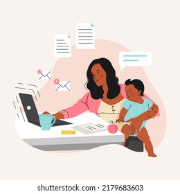 African American Mother with child working on the laptop from home. Female Freelance Worker with child at workplace. Online job, motherhood concept. Flat vector illustration.	