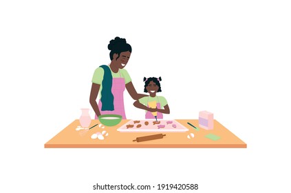 African american mother and daughter baking easter cookies flat color vector detailed character. Parent with offspring. Happy family isolated cartoon illustration for web graphic design and animation