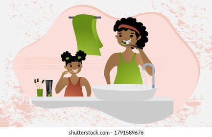 African American mother and daughter brushing teeth with charcoal toothpaste and bamboo toothbrush. Morning routine in the bathroom. Dental health concept illustration. Flat vector.